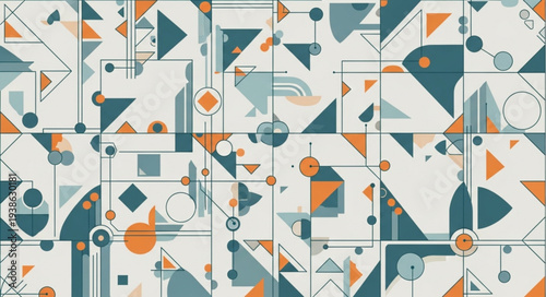 Geometric shapes pattern with triangles and circles in orange and teal.