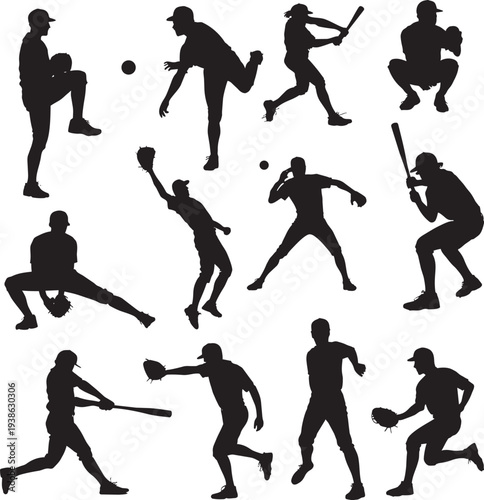 Baseball Players Silhouettes Set Vector Action Poses Pitcher Batter