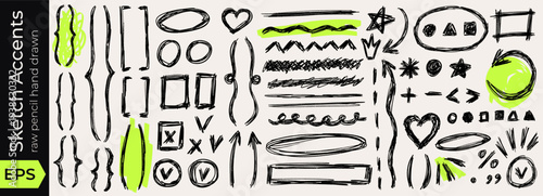 Crayon curly bracket line highlight scribble and box with text underline, pen doodle pencil drawn mark for hand drawn paper background or grunge effect. School note outline oval shape through childish