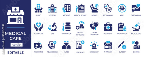Healthcare services and medical treatment solid icon set for hospital systems