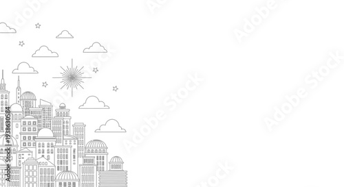 Beautiful illustration of a cityscape with architectural landmarks and cloudy sky background