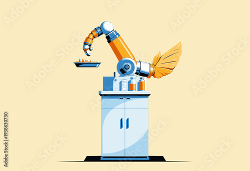 Futuristic Robotic Arm with Wings Sorting Pills in a Modern Minimalist Pharmaceutical Laboratory Setup