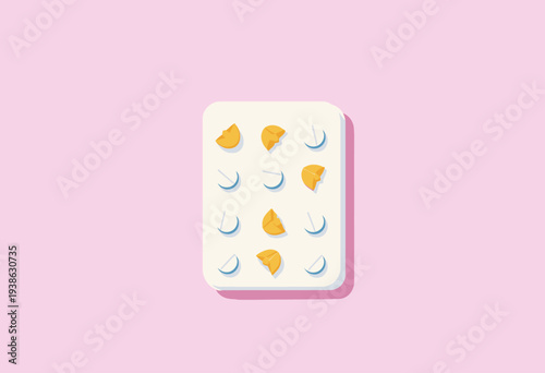 Illustrative representation of a blister pack with broken orange and intact white circular tablets on a pastel pink background