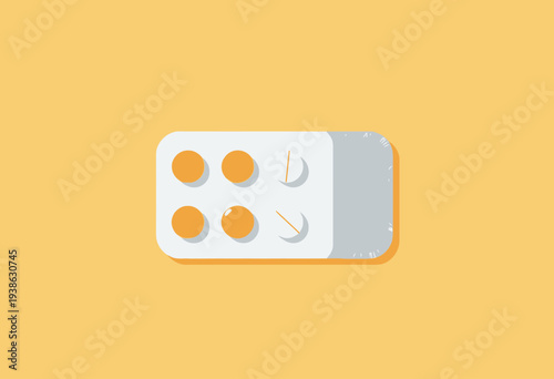 Illustration of a Blister Pack with Orange and White Tablets on a Yellow Background, Reflecting Modern Medication and Pharmaceutical Design