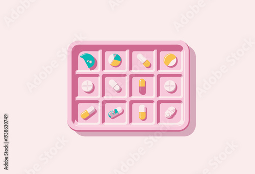 Colorful Assorted Pills and Tablets Arranged in Pink Weekly Organizer for Medication Management and Health Maintenance