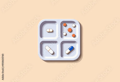 Assorted Medication Pills Organized in a Four-Compartment Tray on Neutral Background Highlighting Variety and Classification