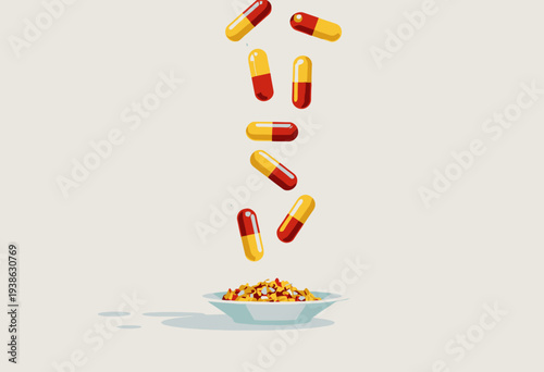 Digital Illustration of Capsules Falling into a Bowl of Granola Representing the Concept of Nutritional Supplements in a Minimalist Style
