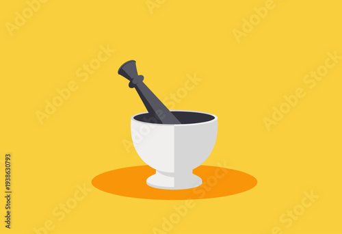 Illustration of a Mortar and Pestle on a Vibrant Yellow Background Symbolizing Traditional Medicine and Culinary Arts