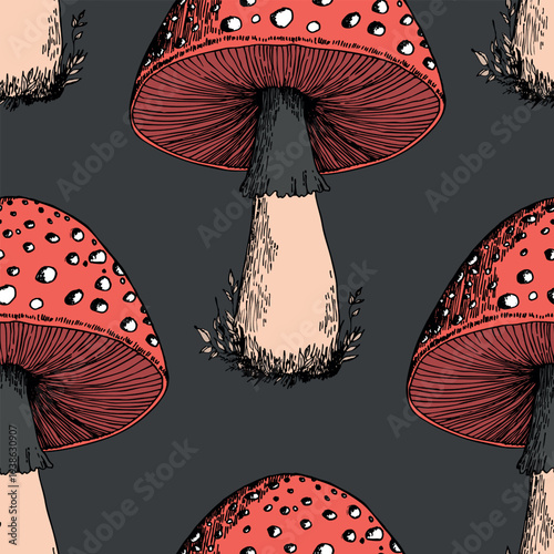 Seamless pattern with mushrooms. Hand drawn vector illustration. Vegan food menu. Poisonous and edible mushroom. Autumn mushroom picking, forest plant sketches.