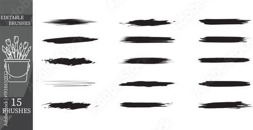 Set of 15 black ink paint brush strokes vector
