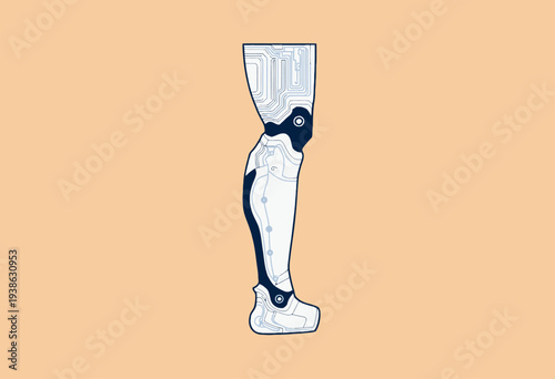 Futuristic High-Tech Prosthetic Leg Design Featuring Circuit Board Patterns and Sleek Modern Aesthetics for Enhanced Mobility and Functionality