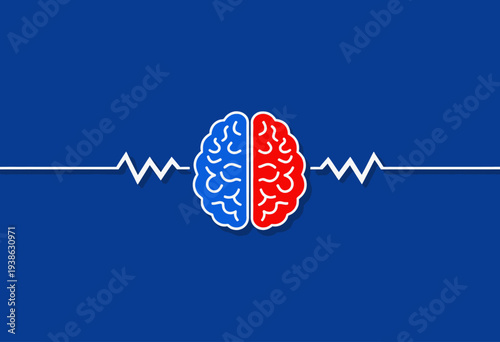Illustration Showing a Brain Divided into Two Colored Halves with Electrocardiogram Lines on a Blue Background