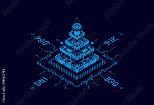 Intricate Blueprint of a Geometric Stepped Pyramid with Circuit-like Patterns and Enigmatic Symbols Highlighting a Futuristic Design Concept on a Dark Background