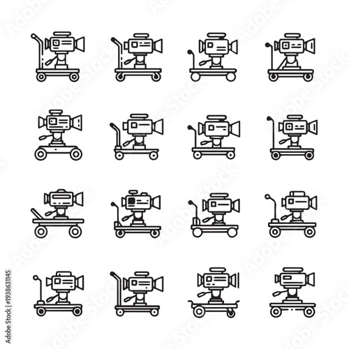 Film Camera Dolly Icons Set Cinematography Equipment Collection Vector Line Art Style