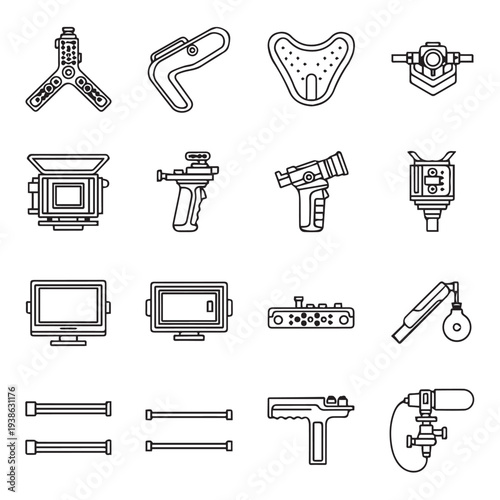 Film Production Equipment Icons: Camera Rig Components and AccessoriesLine Art