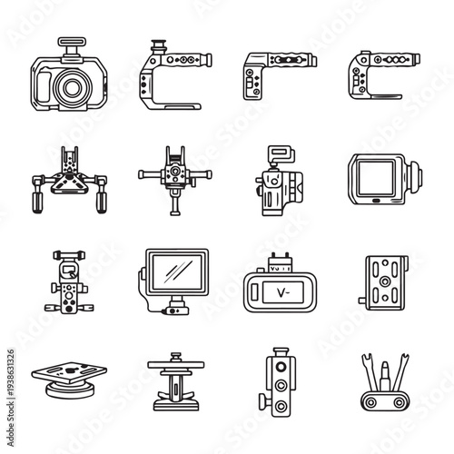 Filmmaking Camera Rigging Gear Icons Set Cinematography Equipment Line Art Video Production Accessories Collection