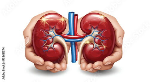 Hands cradling human kidneys a medical illustration of vital organs
