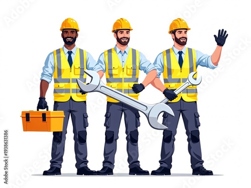 Three Construction Workers with Tools and Safety Gear in Action