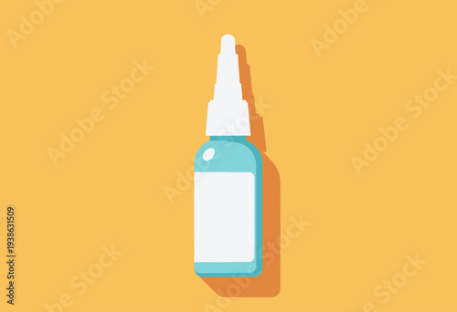 Illustration of a Plastic Blue Dropper Bottle with White Label Against Bright Yellow Background