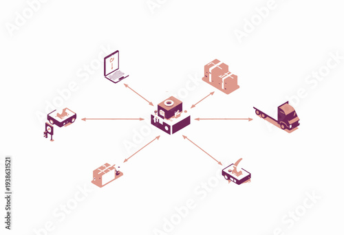 Centralized Hub for E-commerce Distribution Showcasing Efficient Logistics with Connected Devices and Transportation Vehicles in an Interactive Diagram