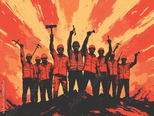 Construction Workers Celebrating Victory with Tools Against Sunset