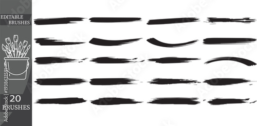Set of 20 black paint brush strokes and ink textures vector