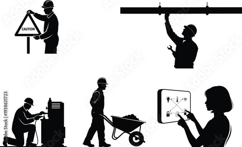 Construction and roadwork silhouettes with various workers