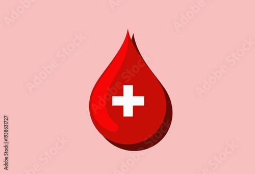 Illustration of a Vibrant Red Blood Drop with a Cross Symbol Signifying Medical Aid or Blood Donation Awareness on a Soft Pink Background