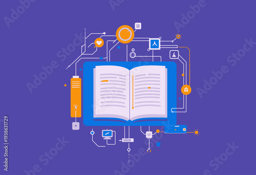Illustration of Digital Learning Systems: An Open Book Surrounded by Technology Icons Representing Knowledge and Modern Educational Tools