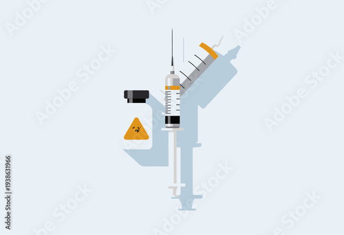 Illustration of a Vaccine Syringe and Vial with Hazard Label, Representing Medical Safety, Vaccination, and Health Precautions