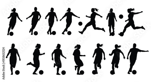 Female soccer players in various dynamic poses and actions vector illustration collection