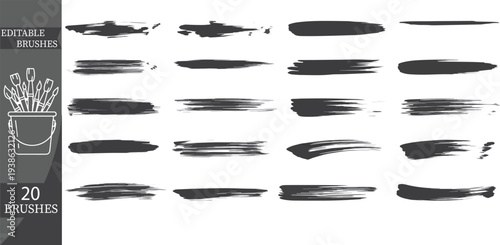 Set of 20 black ink paint brush strokes vector