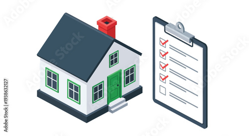 Isometric vector illustration of a house with a checklist on a clipboard nearby