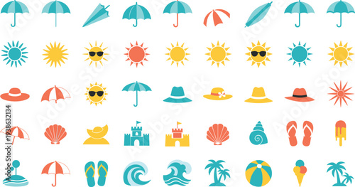 Vibrant summer icons for lively beach and outdoor themes