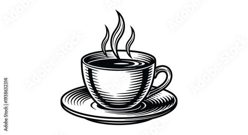 Black and white graphic illustration of a steaming hot cup of coffee