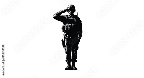 Silhouette of a soldier saluting with full military uniform and equipment vector graphic design