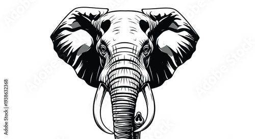 vector illustration of an elephant head with tusks and large ears in black and white