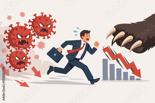 Businessman Running from COVID-19 Coronavirus Pandemic Towards a Bear Market Stock Market Crash with Declining Financial Graph and Bear Claw, Economic Crisis and Panic Selling Concept Illustration