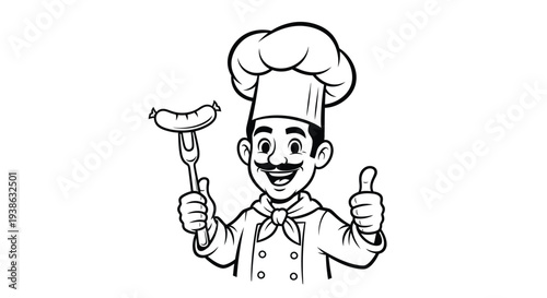 Chef character illustration with sausage on fork giving thumbs up in culinary design