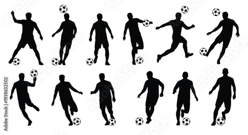 Collection of silhouetted soccer players performing various actions with a soccer ball