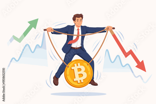Businessman Balancing on a Bitcoin Coin Amidst Volatile Market Trends with Rising and Falling Arrows, Representing Cryptocurrency Investment Risk, Financial Speculation, and Price Fluctuation