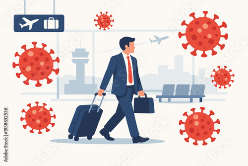 Businessman Walking in Airport Terminal with Suitcase Surrounded by COVID-19 Coronavirus Cells, Concept of Pandemic Impact on Global Travel, Tourism, and Business Trip Risk and Virus Spread.