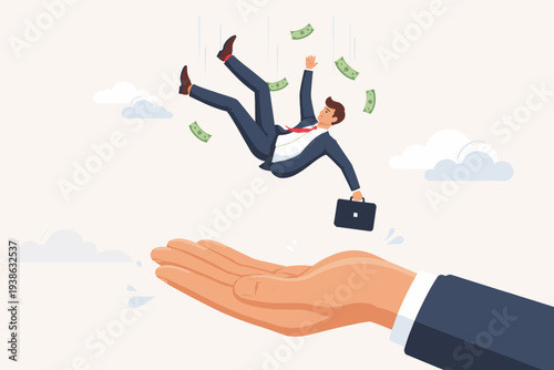 Businessman Falling from Sky with Money and Being Caught by a Giant Hand Representing Financial Safety Net, Business Support, Insurance Protection, and Economic Rescue During a Crisis or Failure