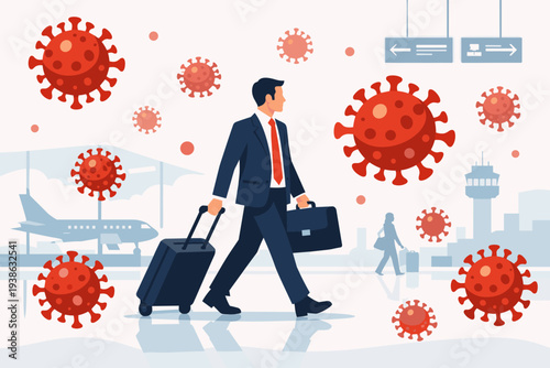 Businessman in suit walking through airport terminal with suitcase and briefcase surrounded by red COVID-19 virus cells, illustrating the impact of coronavirus pandemic on global travel.