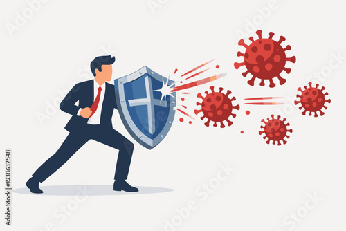 Businessman in suit holding a shield to block COVID-19 coronavirus particles, symbolizing business risk management, health safety, and economic defense during a global pandemic outbreak.