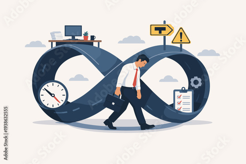 Tired businessman walking on an infinity loop road, symbolizing a repetitive job, career dead end, and work-life imbalance. Concept of burnout, lack of motivation, and endless corporate routine.