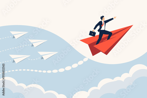 Businessman on a large red paper plane flying in a different direction, representing leadership, career change, individual freedom, business success, vision, and choosing your own unique path.