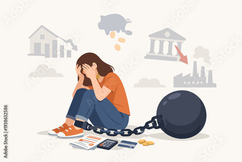 Distressed woman chained to a heavy ball representing debt burden and financial crisis, with symbols of unpaid bills, bankruptcy, recession, loan problems, economic downturn, and overspending.