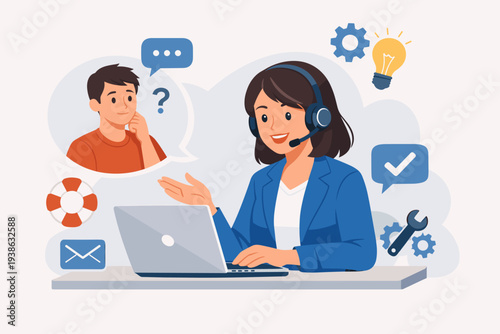 Customer service support and help desk concept with professional female agent wearing headset and using laptop to solve customer problems online. Vector illustration of technical assistance and care.