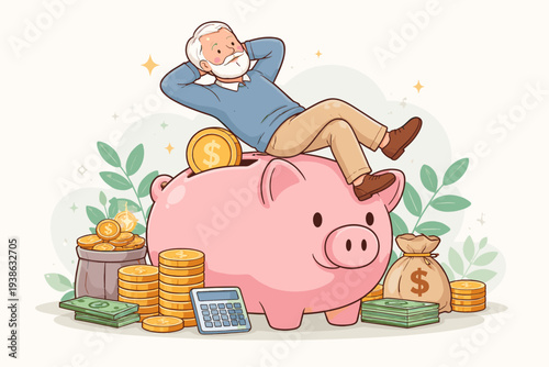 Senior retiree man relaxing on a large pink piggy bank surrounded by gold coins, money bags, and cash, representing successful pension planning, retirement savings fund, and wealth management.
